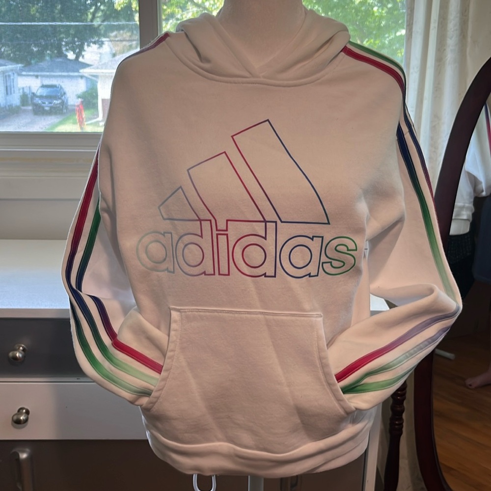 Very cute Adidas white hoodie with multi color stripes. Size XL(16)